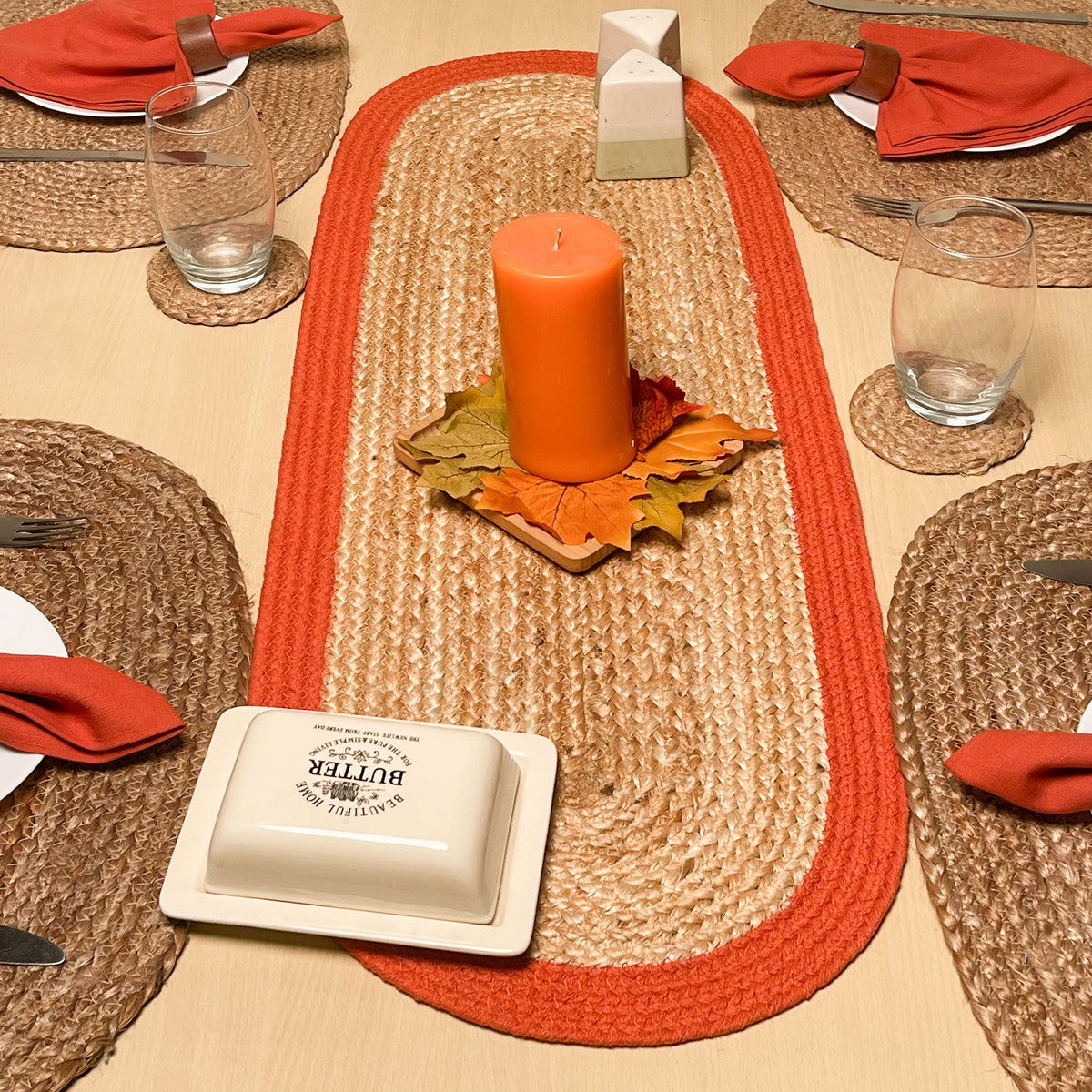 VERONA JUTE BORDER ROUND TABLE RUNNER-NAT-ORANGE, 13''x36''