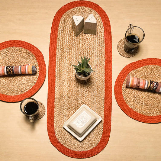 VERONA JUTE BORDER ROUND TABLE RUNNER-NAT-ORANGE, 13''x36''