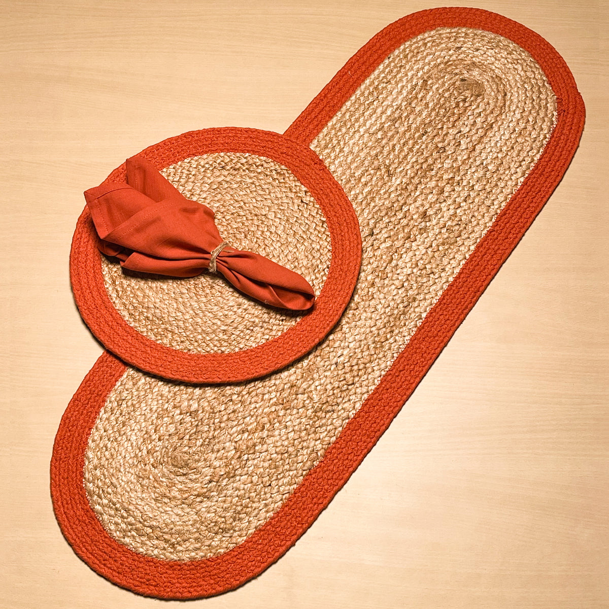 VERONA JUTE BORDER ROUND TABLE RUNNER-NAT-ORANGE, 13''x36''