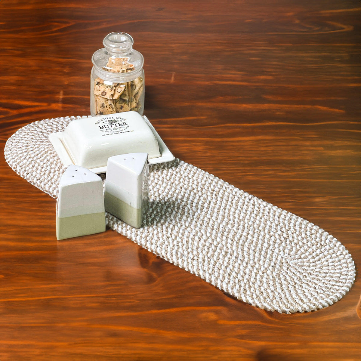 BRAIDED JUTE /COTTON OVAL TABLE RUNNER - NATURAL JUTE-WHITE, 8''x24''