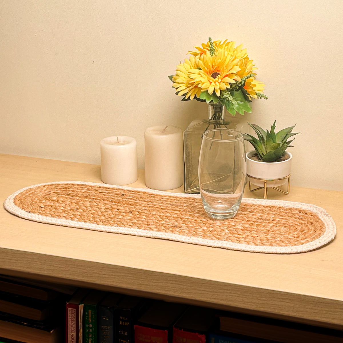 VERONA JUTE BORDER ROUND TABLE RUNNER-NAT-IVORY, 8''x24''