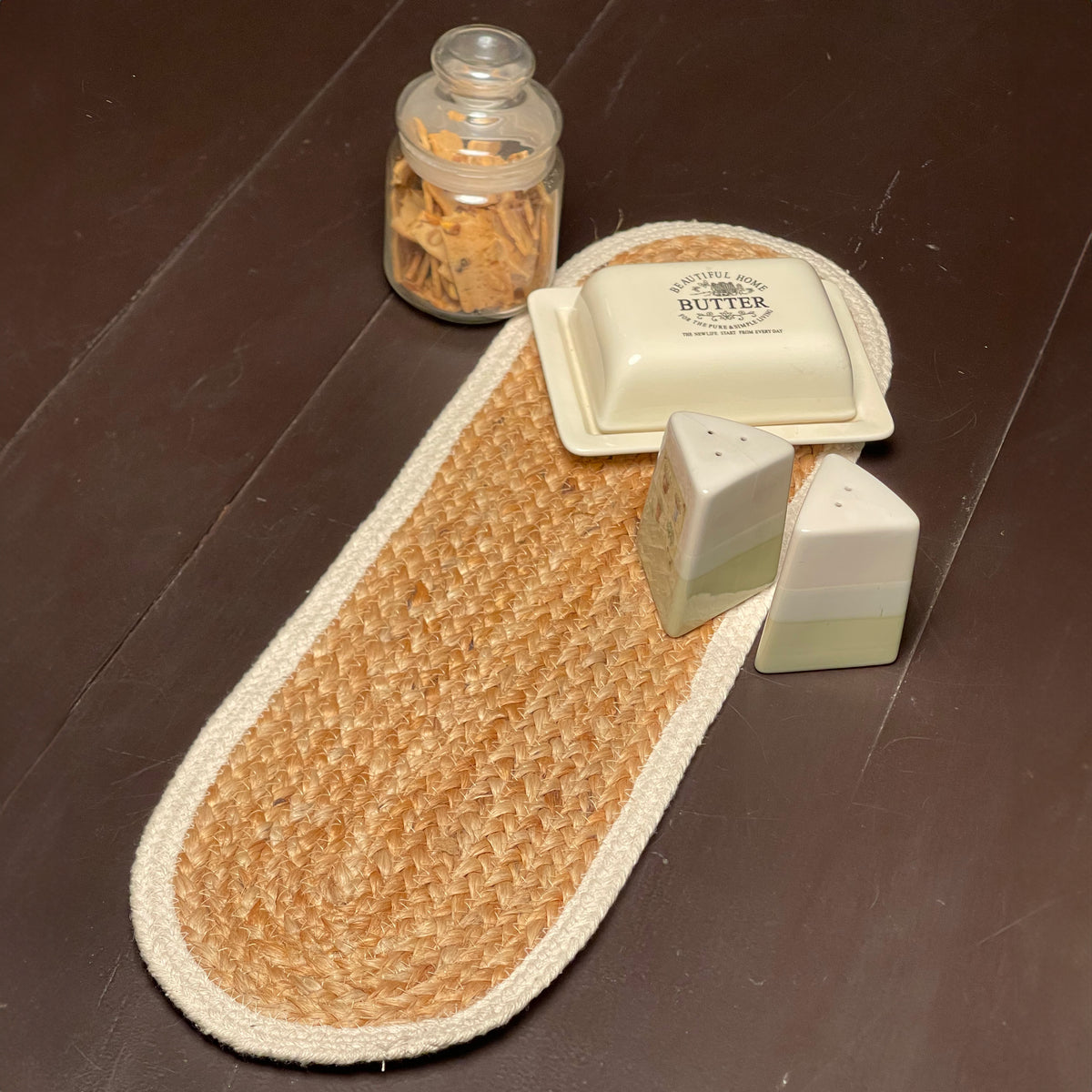 VERONA JUTE BORDER ROUND TABLE RUNNER-NAT-IVORY, 8''x24''