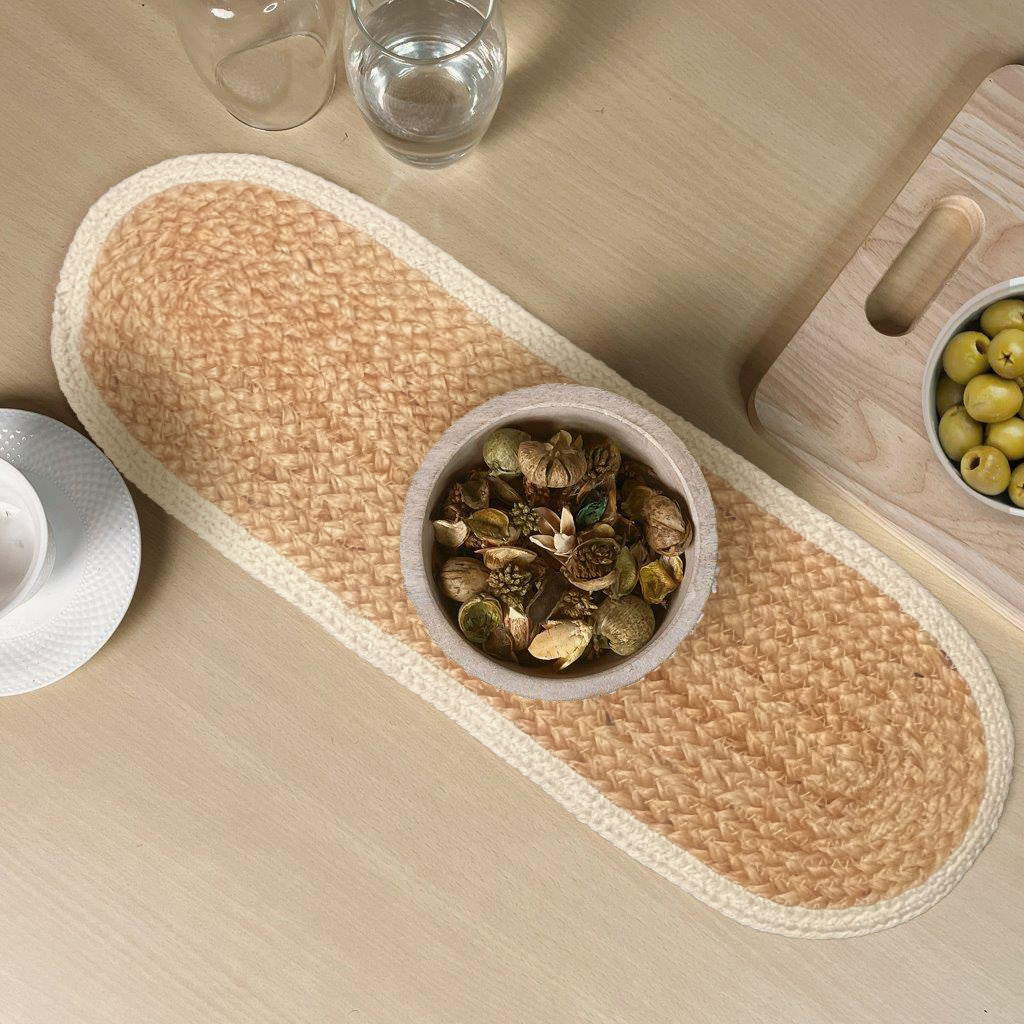 VERONA JUTE BORDER ROUND TABLE RUNNER-NAT-IVORY, 8''x24''