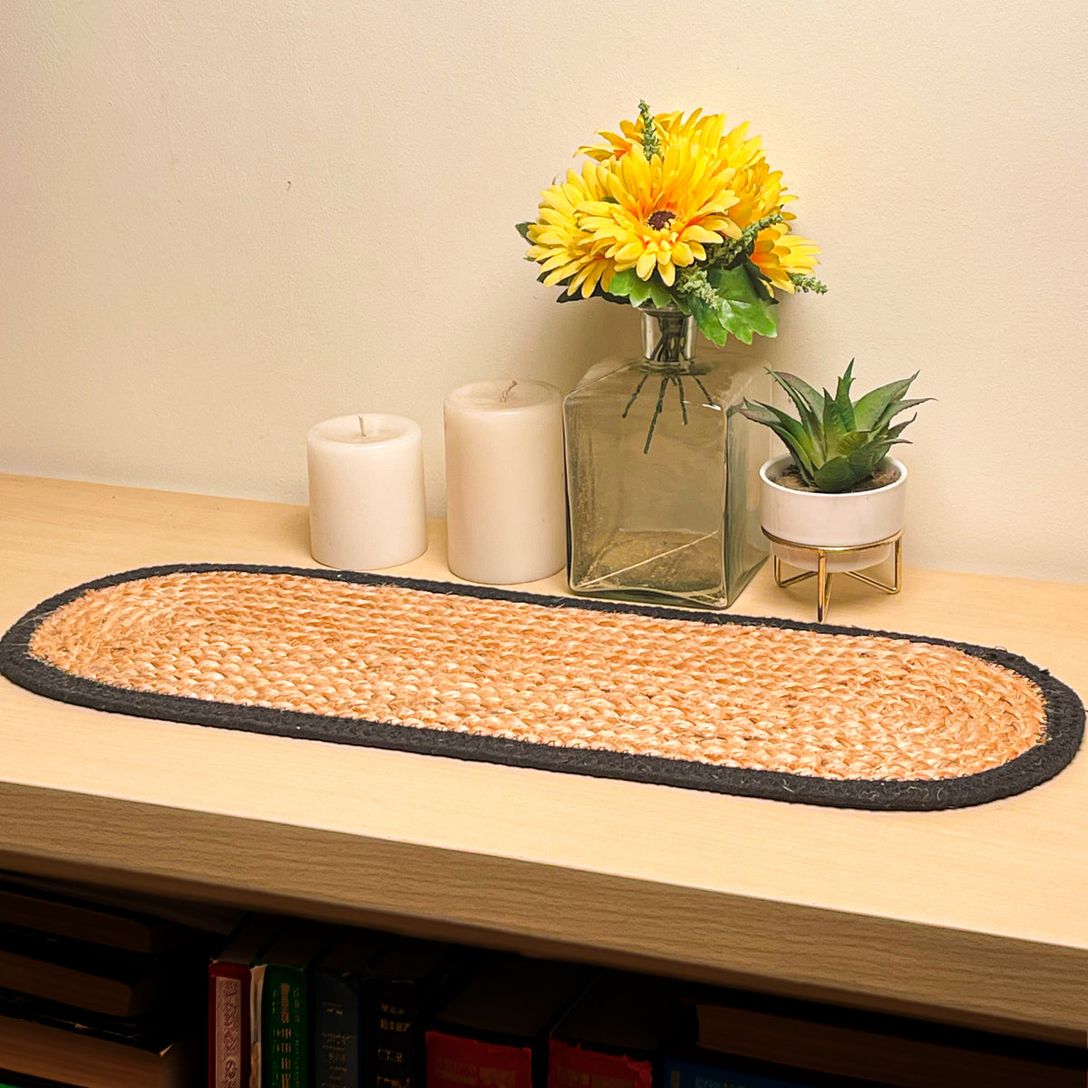 VERONA JUTE BORDER ROUND TABLE RUNNER-NAT-BLACK, 8''x24''