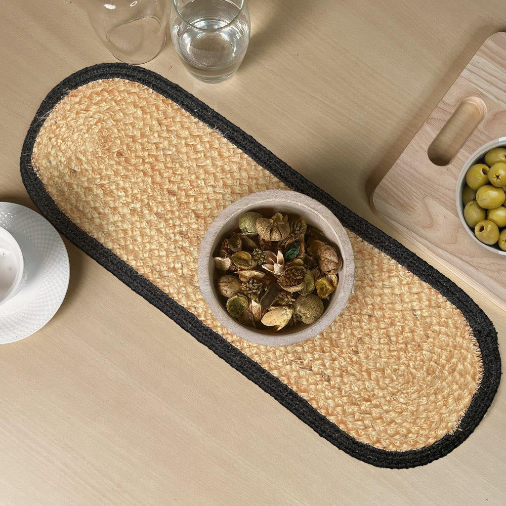 VERONA JUTE BORDER ROUND TABLE RUNNER-NAT-BLACK, 8''x24''