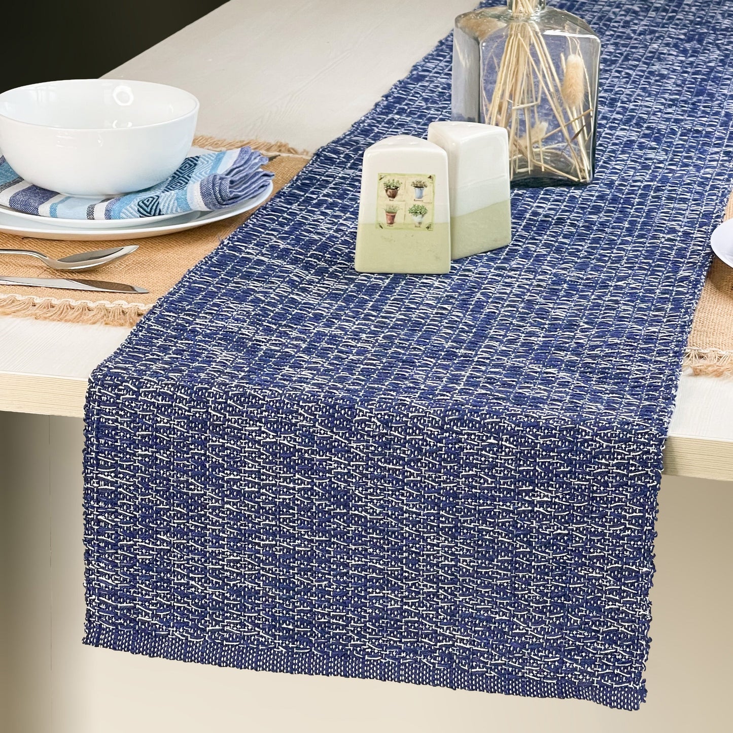 HONEYCOMB TABLE RUNNER, Blues, 13''x72''.