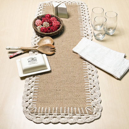 JUTE CROCHET TABLE RUNNER, NATURAL JUTE-IVORY, 13''x36''.