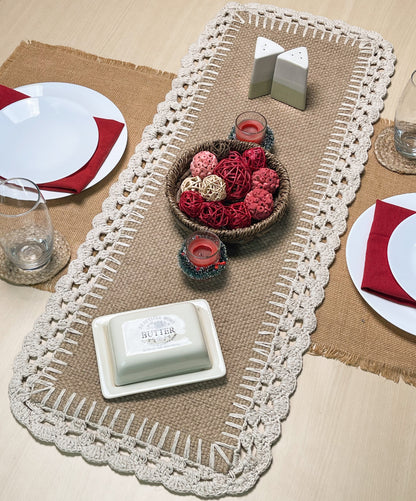 JUTE CROCHET TABLE RUNNER, NATURAL JUTE-IVORY, 13''x36''.