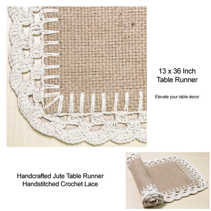 JUTE CROCHET TABLE RUNNER, NATURAL JUTE-IVORY, 13''x36''.