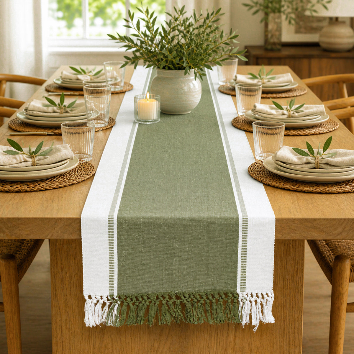 REED TABLE RUNNER-WHITE GREEN, 14''x72''