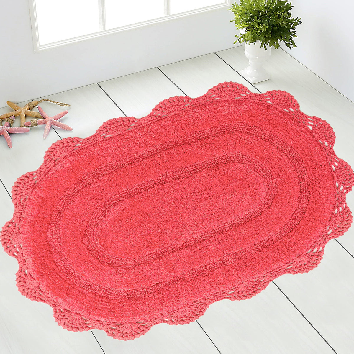 Crochet Oval Bath Mat-Coral Pink,21''X34''
