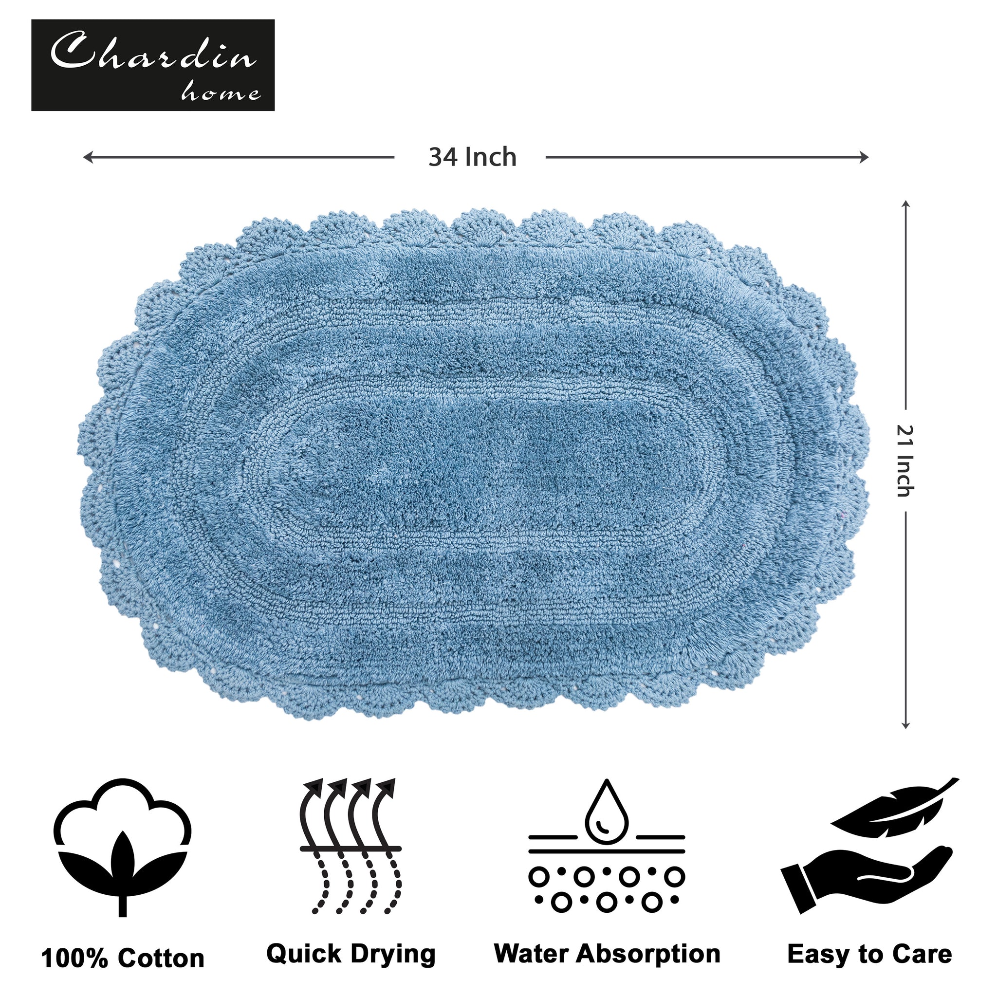 Tufted Chenille Oval Bath Mat With Hand-Crocheted Trim - Blue