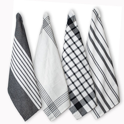 WOVEN KITCHEN TOWELS SET OF  4, Black-White, 18''x28''.