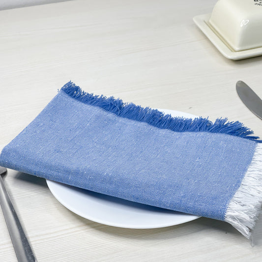 CHAMBRAY W. FRINGES NAPKINS SET OF 12, 18''x18'', Blue-White