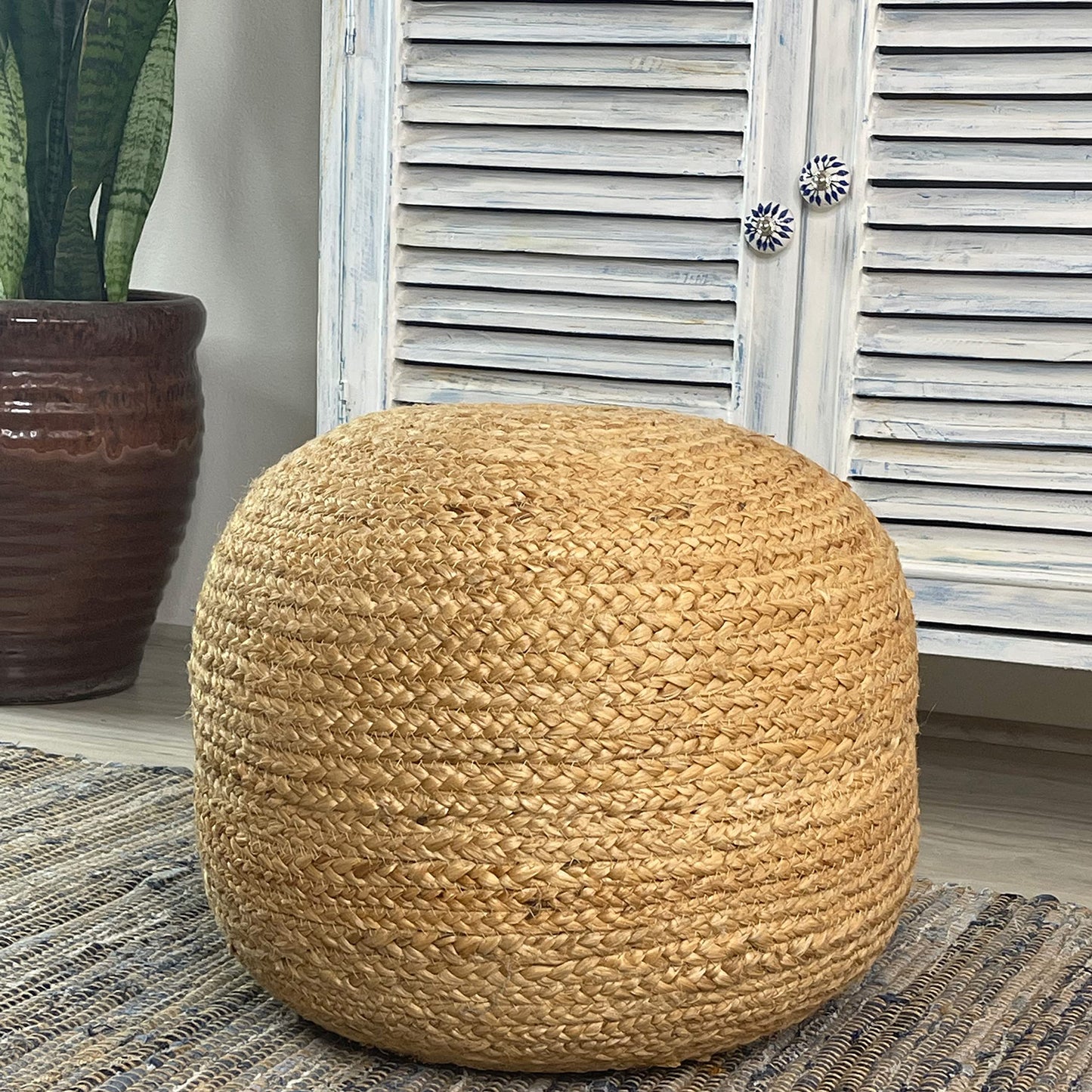 Natura Braided Natural Jute Pouf - Golden Brown, 18"x18"x14"