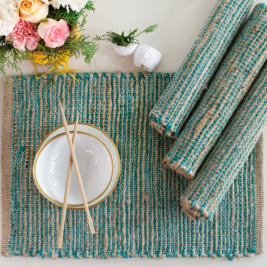 Ombre Placemats Set Of 4 - Natural/Aqua Turquoise, 13''x19''