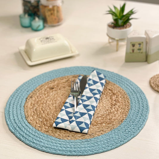 Verona Round Border Placemats Set Of 4 - Natural/Aqua Blue, 15" Rnd.