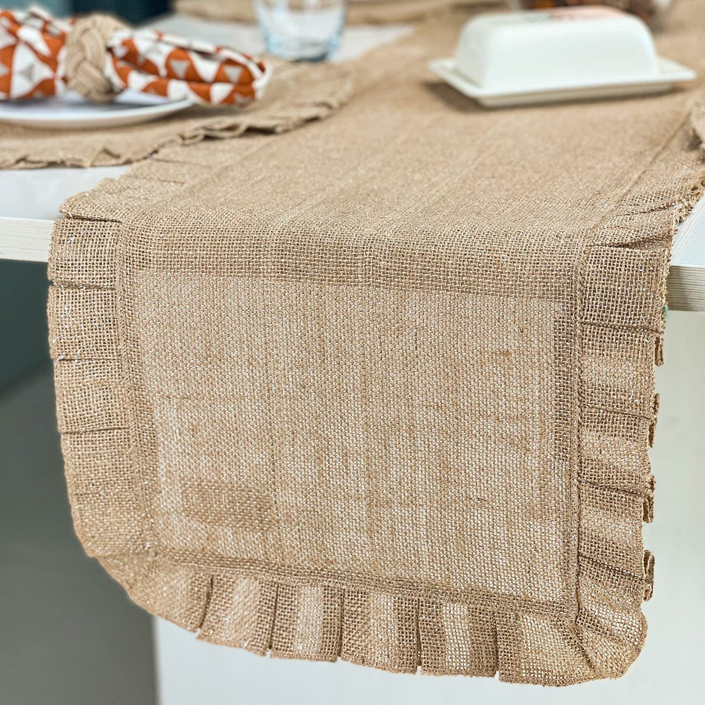 Burlap Ruffled Table Runner - Natural/Silver, 13''x72''