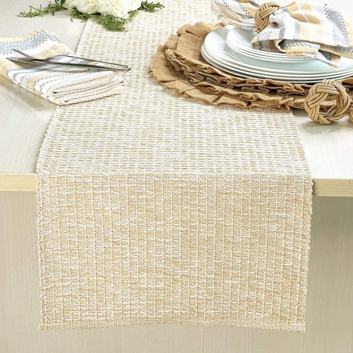 HONEYCOMB TABLE RUNNER, Beige, 13''x72''.